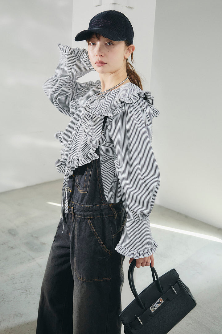 [SET]コットンフリルブラウス+デニムサロペットワイドパンツ(2set)