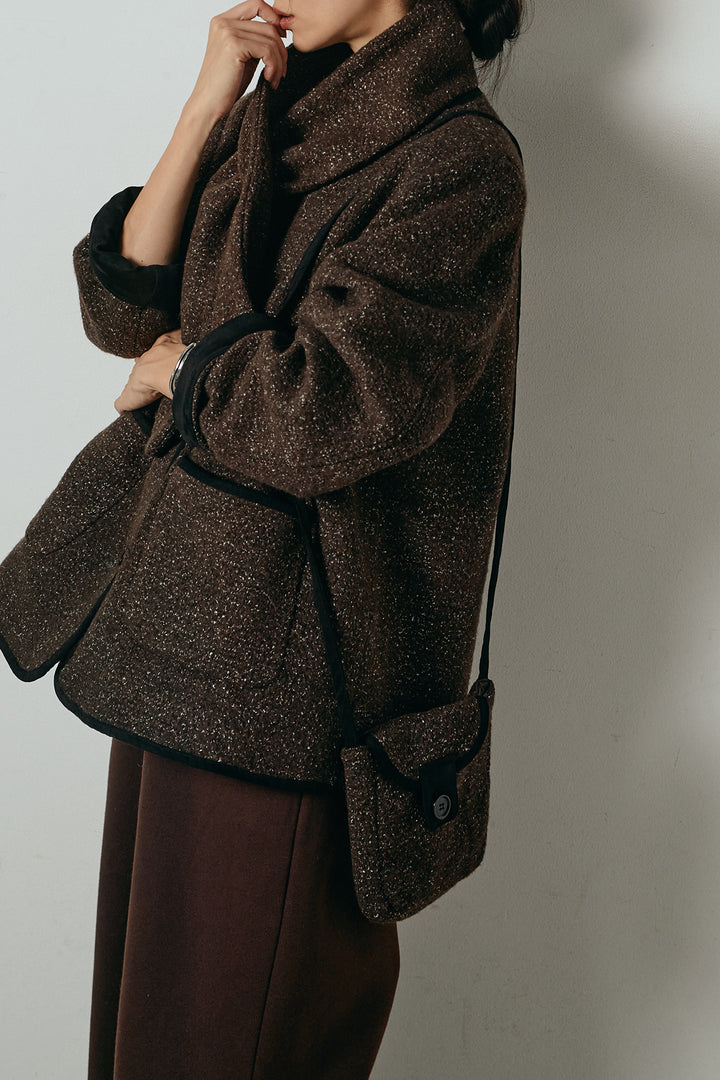 [SET]ノーカラーマフラーバッグ付きアウター+裏起毛スウェットワイドパンツ(2set)