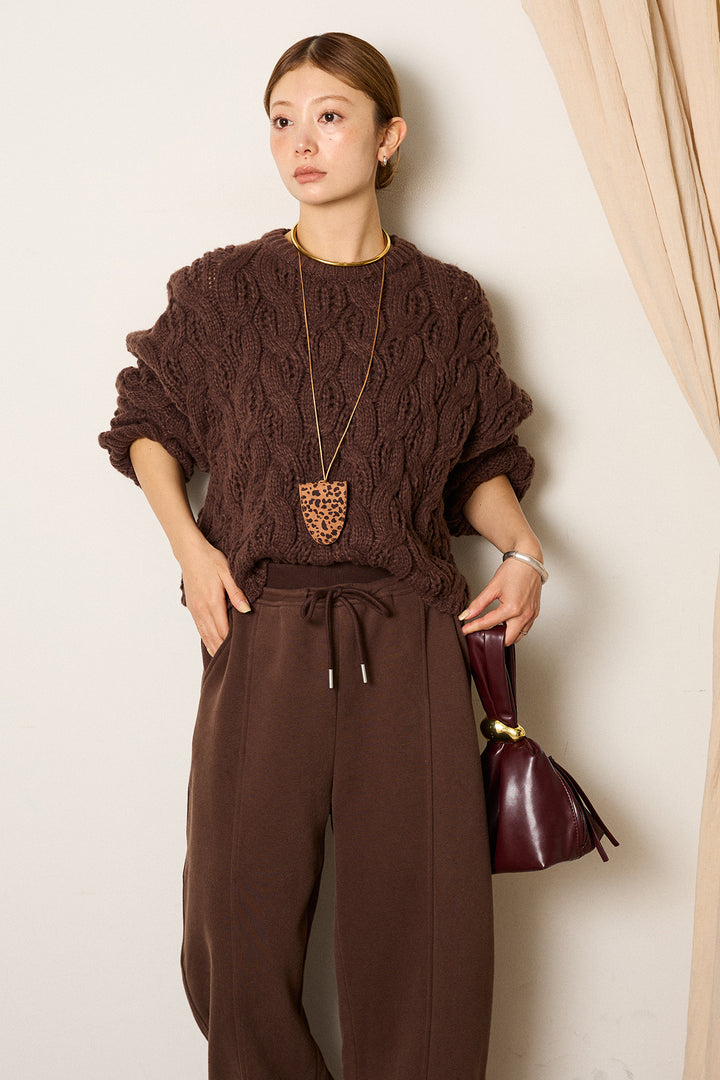 [SET]ケーブルリラックスショートニット+スウェットワイドカーブパンツ(2set)