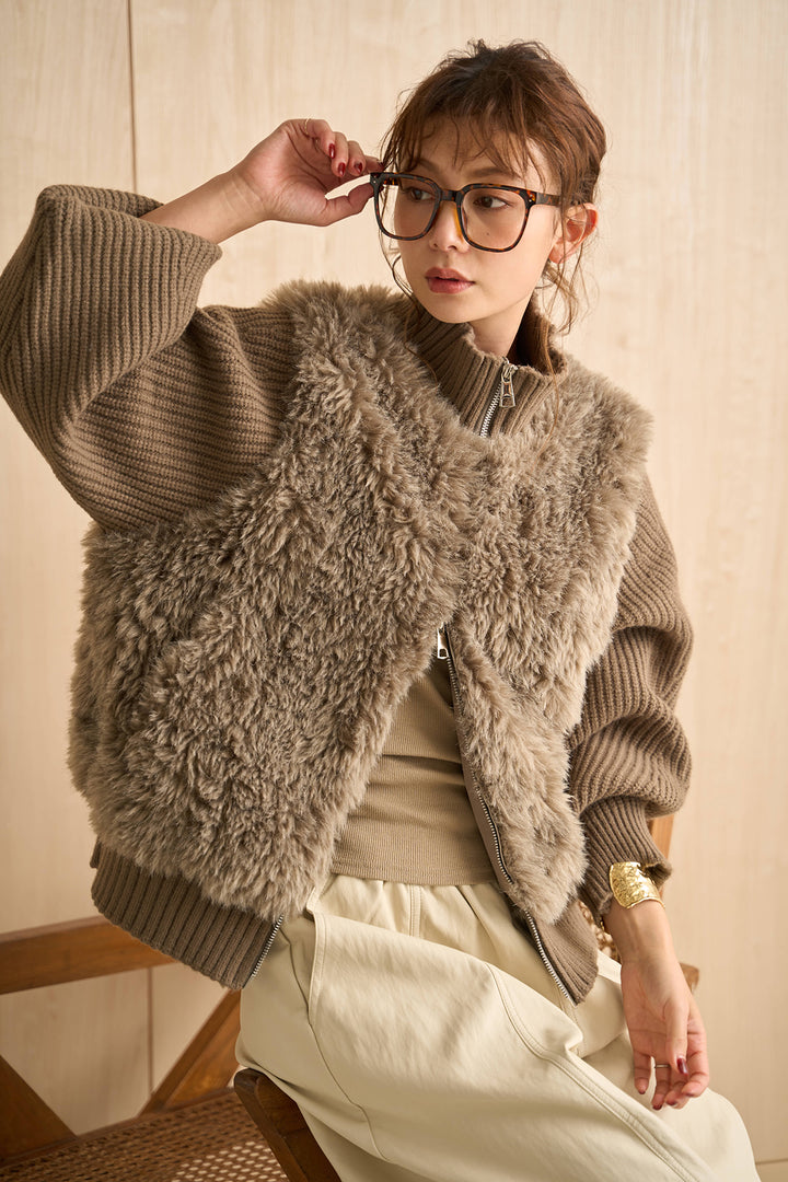 [SET]ファーコンビニットジップブルゾン+フェイクレザーカーブワイドパンツ(2set)