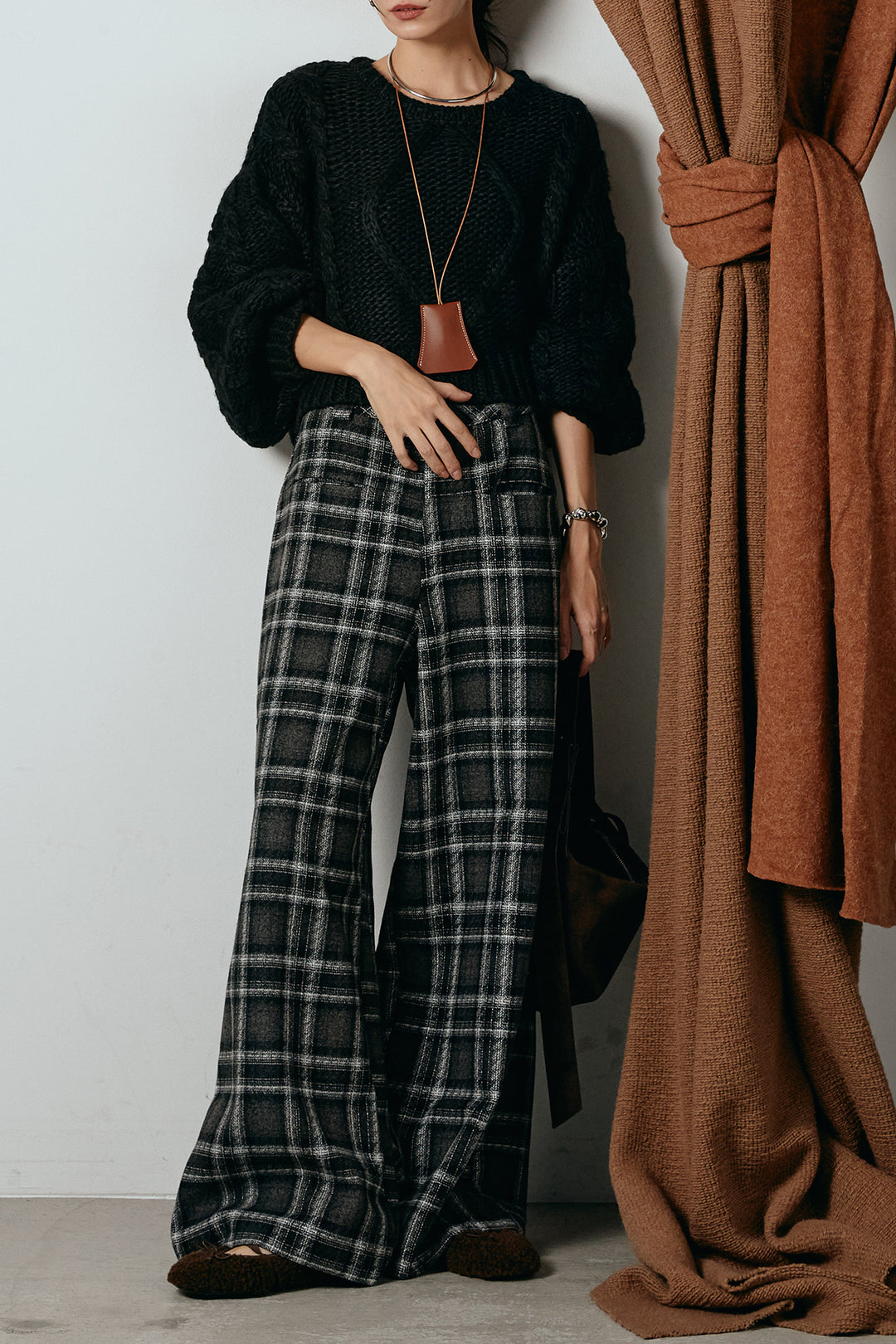 [SET]ロービングケーブルショート丈プルオーバー+ルーズタータンチェックワイドパンツ(2set)