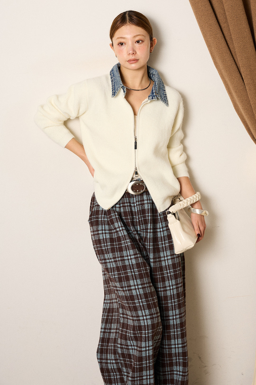 [SET]デニム襟ダブルジップニットトップス+スタッズデザインベルトタータンチェックパンツ(2set)