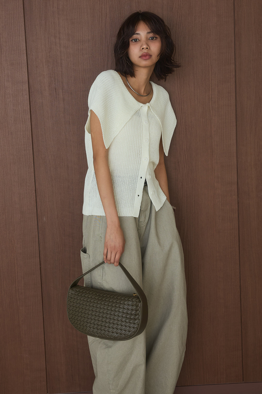 [SET]ビッグカラーボタンニットトップス+ベルト付きカラーデニムパンツ(2set)