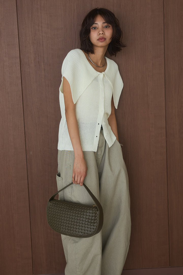 [SET]ビッグカラーボタンニットトップス+ベルト付きカラーデニムパンツ(2set)