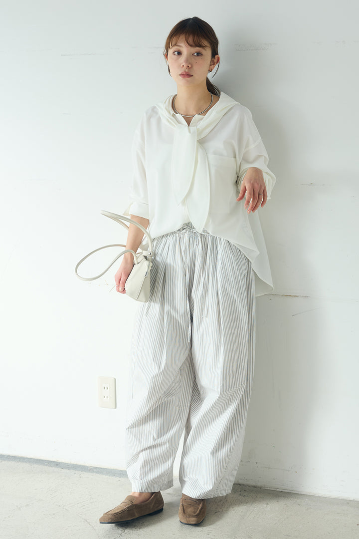 [SET]無地タイ付フーディーBIGシャツ+ランダムストライプタックギャザーパンツ(2set)