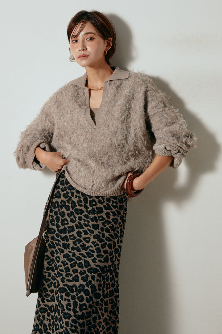 [SET]襟付きシャギーニットポロトップス+レオパードロングスカート(2set)