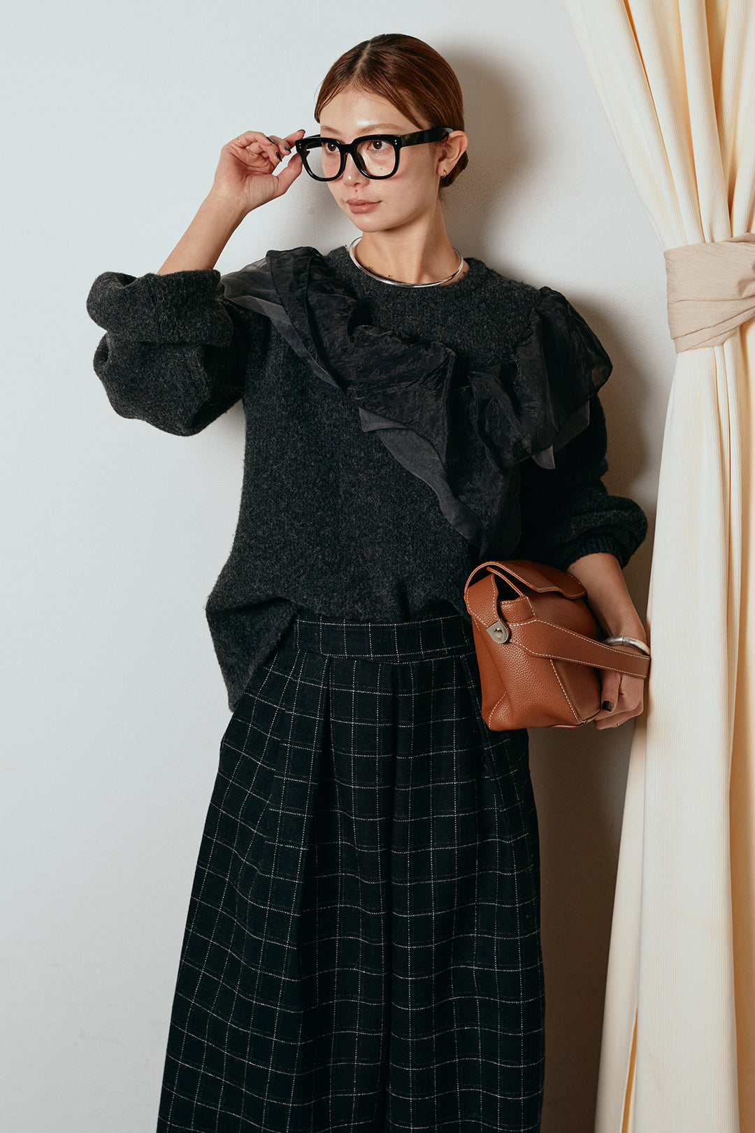 [SET]アシンメトリーフリルニットトップス+ウールライクチェックタックパンツ(2set)