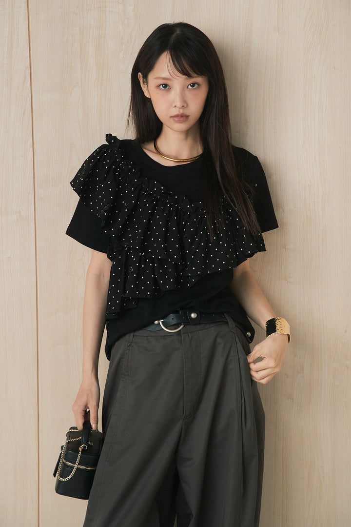 [SET]ドットアシメフリルデザインTシャツ+サークルバックルベルト付きタックワイドパンツ(2set)