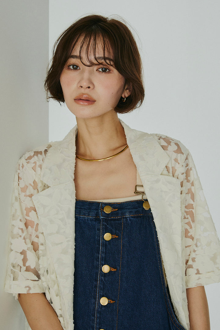 [SET]シアージャガードハーフスリーブテーラードジャケット+配色ショルダーデニムサロペットスカート(2set)