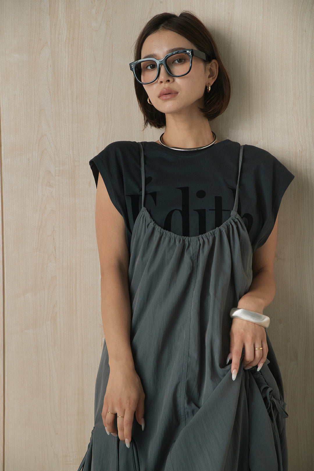 [SET]ビッグロゴプリントTシャツ+ポケット付きワッシャーキャミワンピ(2set)