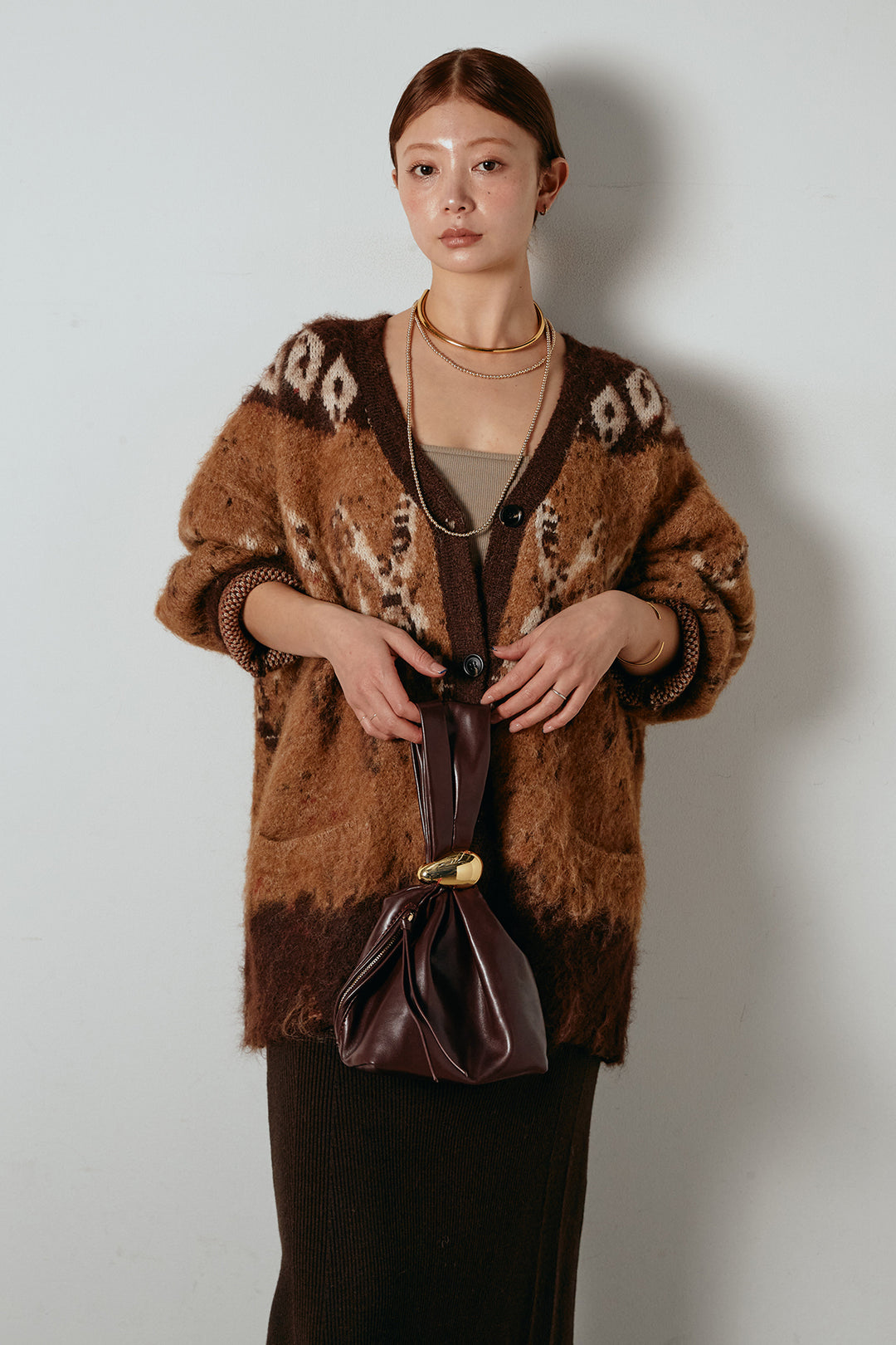 [SET]シャギーニュアンス柄ニットカーディガン+リブナローニットスカート(2set)