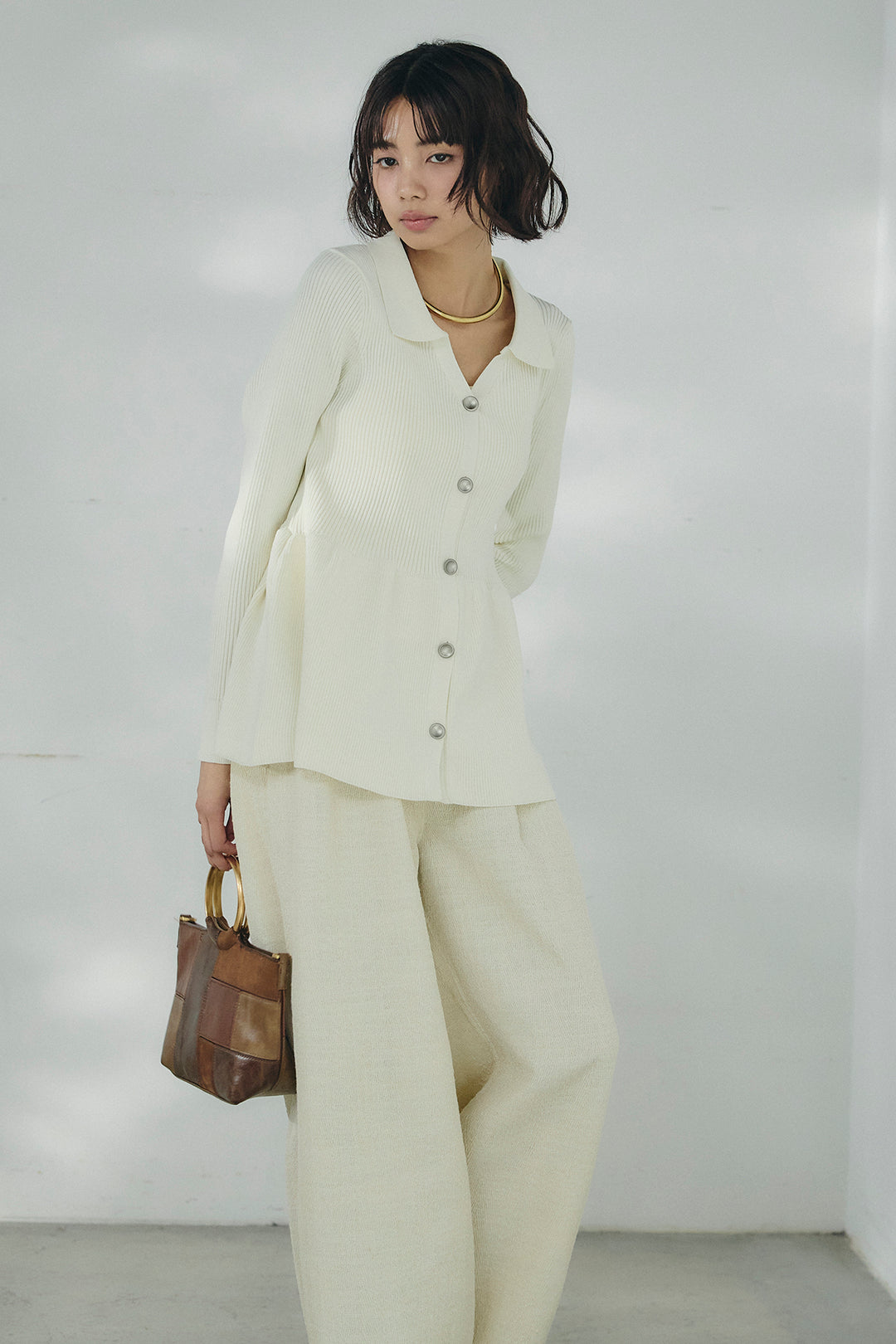 [SET]スキッパーペプラムニット+デニムライクヘリンボーンタックパンツ(2set)