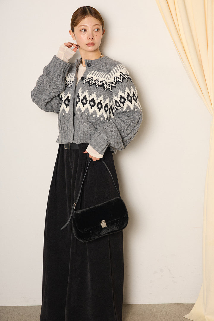 [SET]2WAY求心柄ジャガードショートカーディガン+ベルトループコーデュロイワイドパンツ+2WAY袖コード刺繍クルーネックプルオーバー(3set)