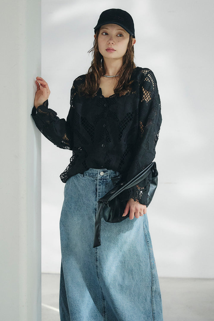 [SET]フラワー刺繍レースブラウス+デニムロングフレアスカート(2set)