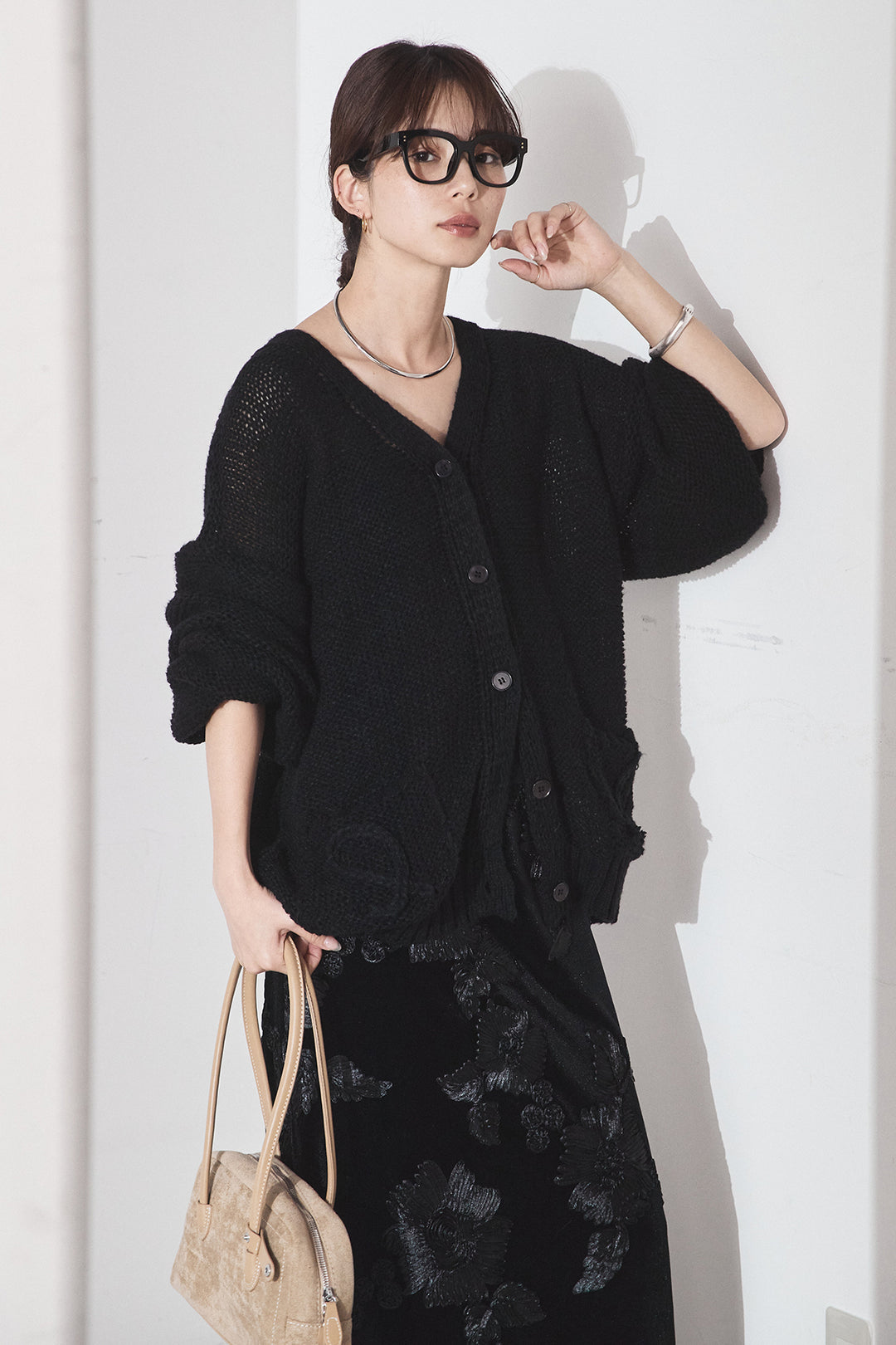 [SET]コード刺繍リラックスニットカーディガン+フラワー刺繍ワイドスカート(2set)