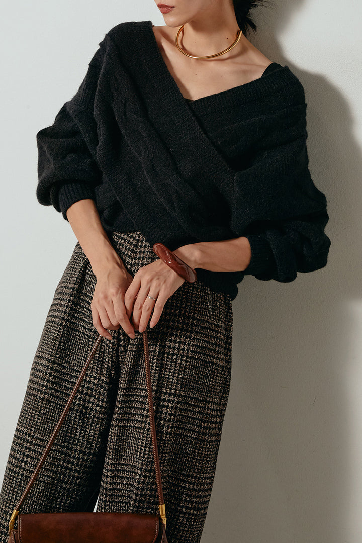 [SET]ケーブルカシュクールニットトップス+前後2wayグレンチェック柄スカーチョサロペット(2set)