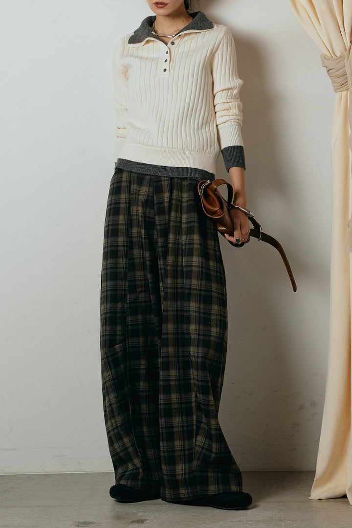 [SET]レイヤード風リブニットトップス+ベルト付きタータンチェックカーブワイドパンツ(2set)