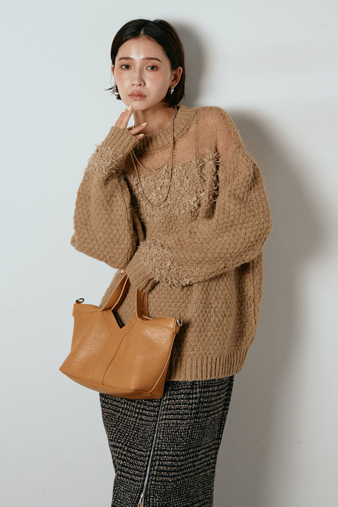 [SET]パターンランダム編みニットトップス+グレンチェック柄フロントジップタイトスカート(2set)