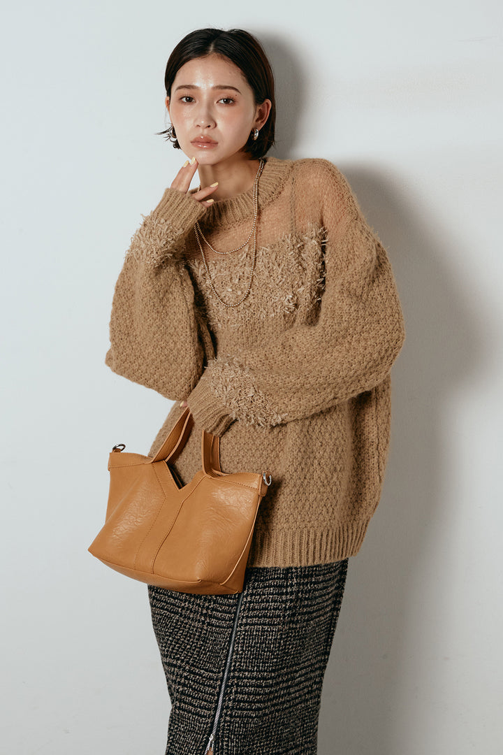 [SET]パターンランダム編みニットトップス+グレンチェック柄フロントジップタイトスカート(2set)