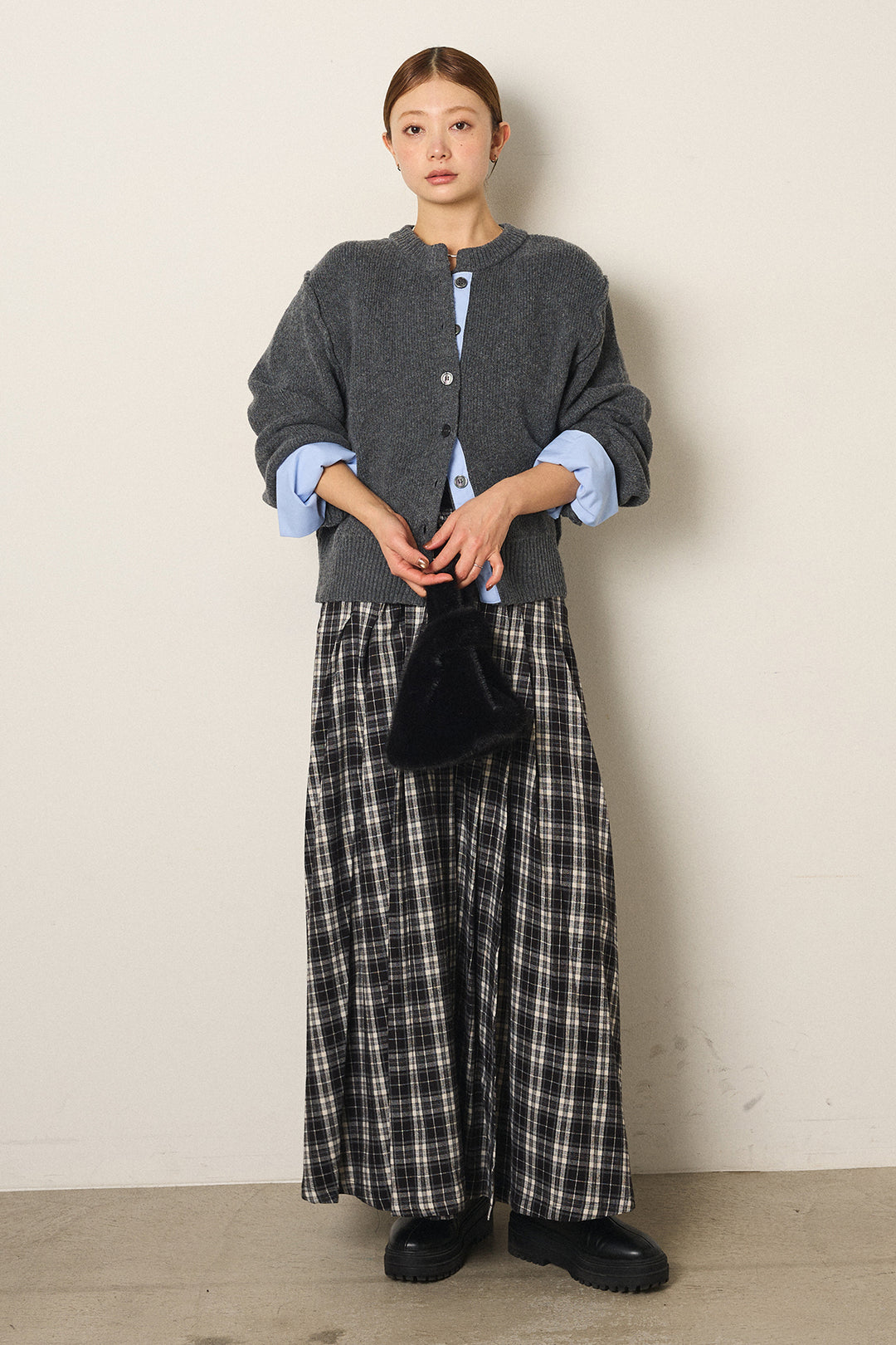[SET]シャツドッキングニットカーディガン+ベルト付きタータンチェックプリーツスカート(2set)
