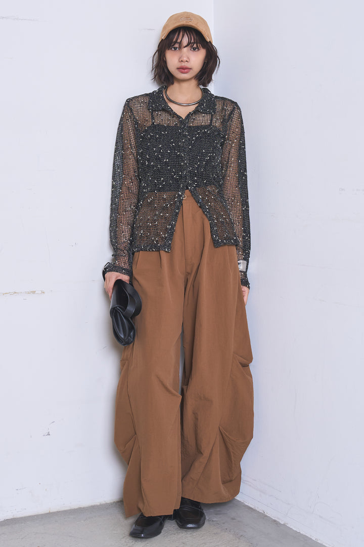 [SET]ネップメッシュポロ襟カーディガン+ドライタフタタックバレルパンツ(2set)