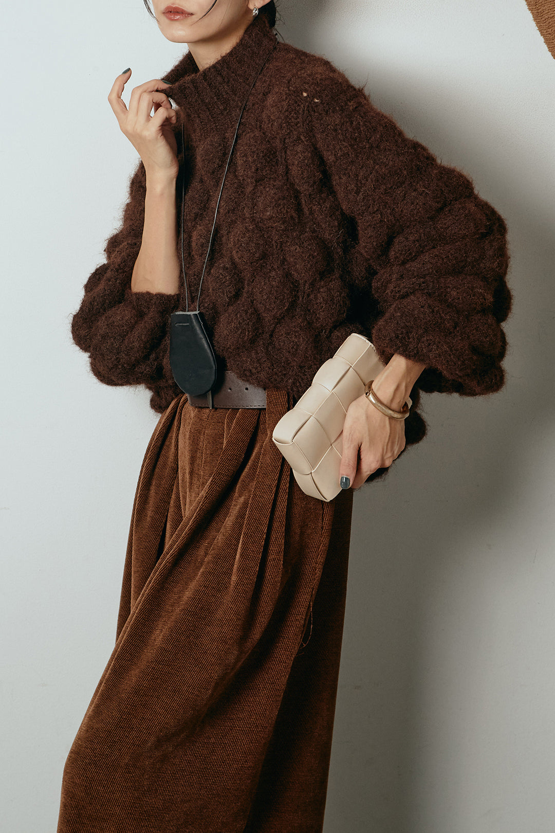 [SET]ボリュームポップコーンニットトップス+ベルトループコーデュロイワイドパンツ(2set)