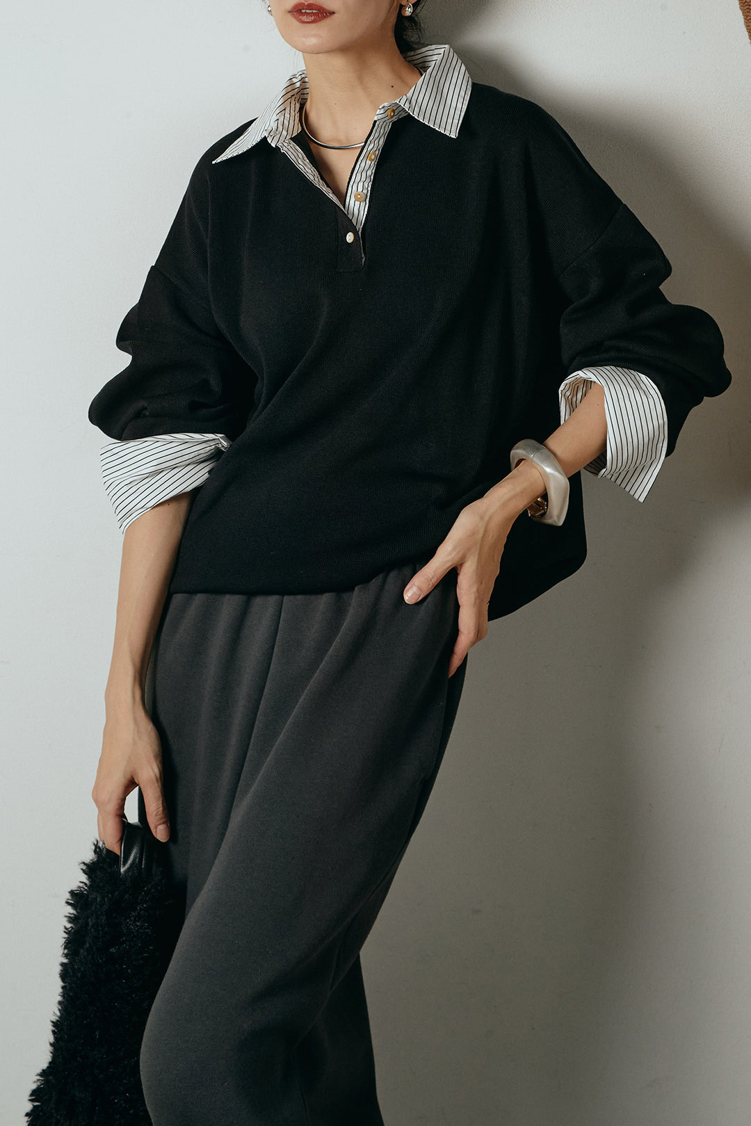 [SET]ストライプシャツドッキングポロトップス+裏起毛スウェットワイドパンツ(2set)