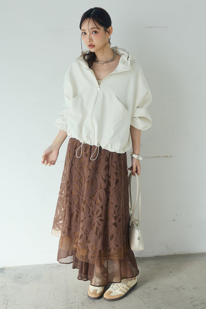 [SET]ネック裾絞りブルゾンアウター+ニュアンス柄刺繍スカート(2set)