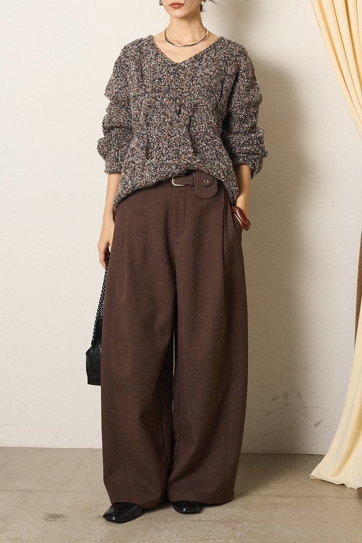 [SET]Vネックミックス編みニットトップス+ポーチベルト付きカーブパンツ(2set)