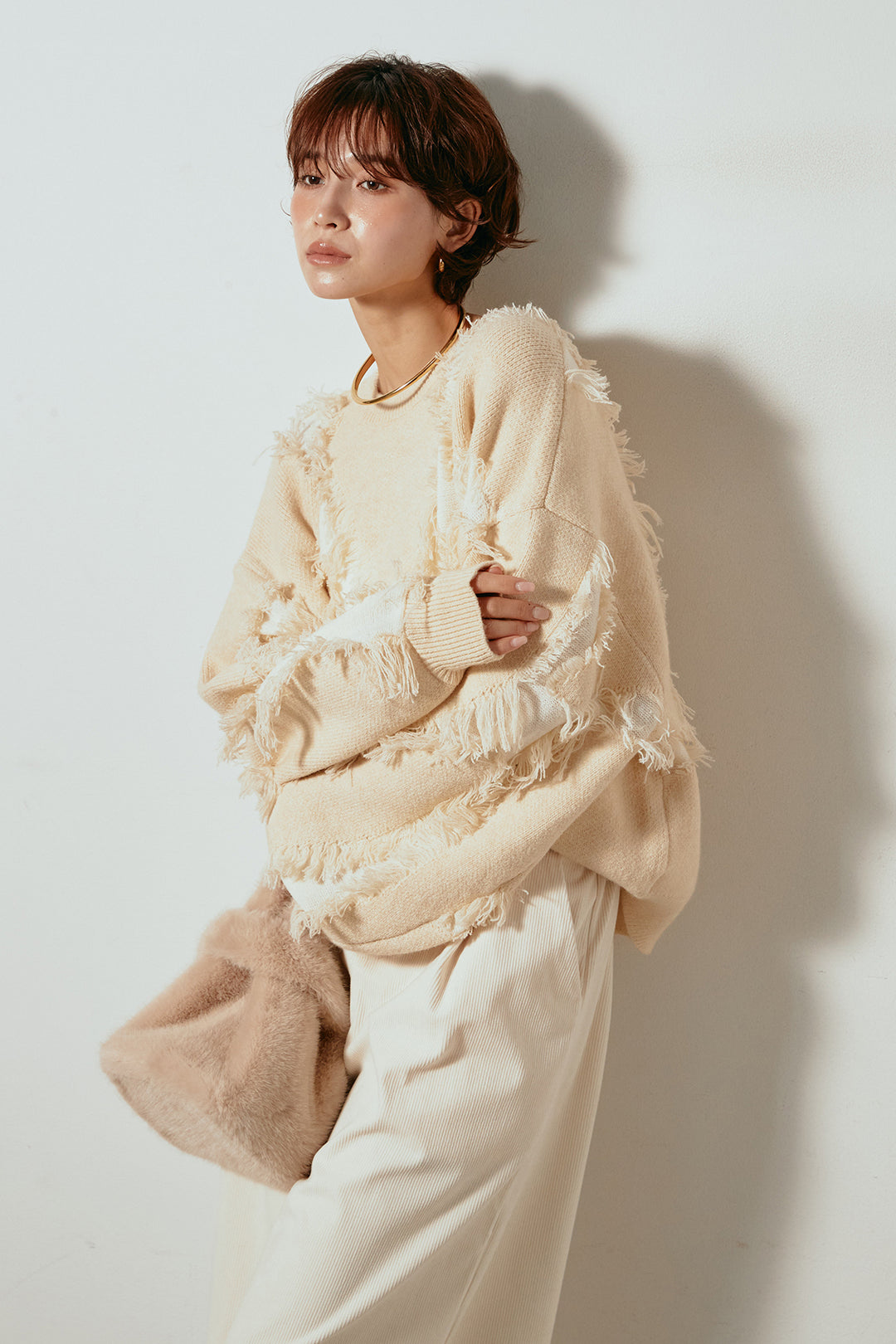 [SET]シャギージャガードニットトップス+太ベルト付きコーデュロイタックパンツ(2set)