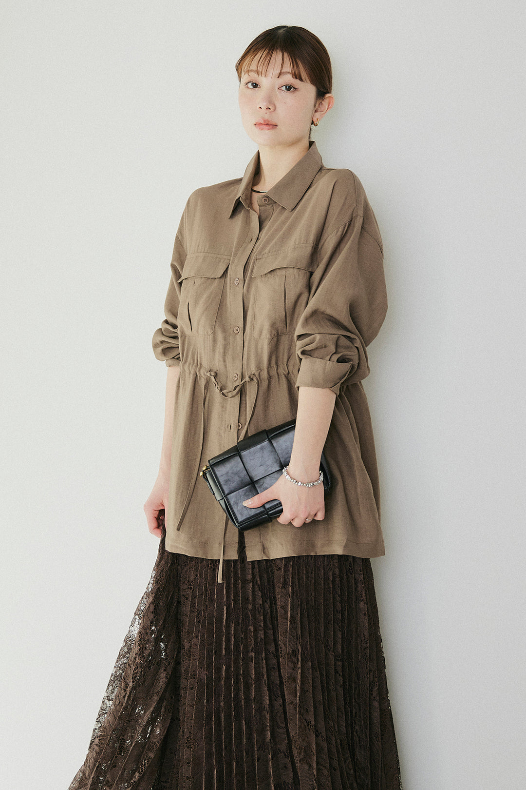 [SET]リネンブレンドシアーサファリシャツ+リラックスプリーツスカート(2set)