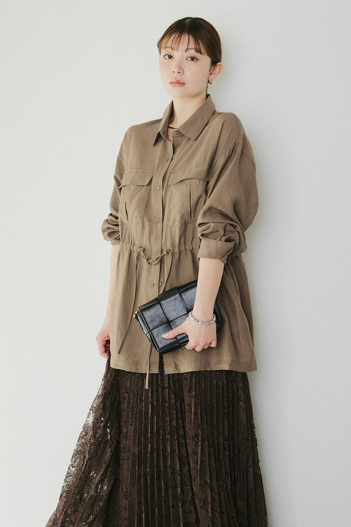 [SET]リネンブレンドシアーサファリシャツ+リラックスプリーツスカート(2set)