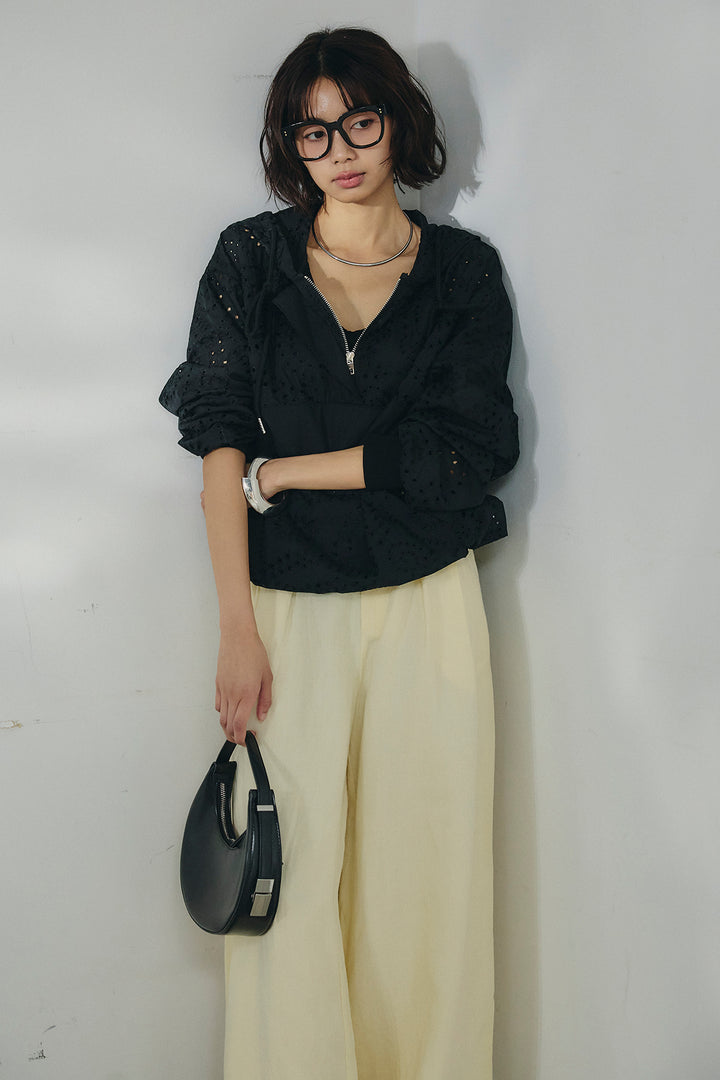 [SET]レースハーフジップアップフーディー+リネン混タックストレートワイドパンツ(2set)