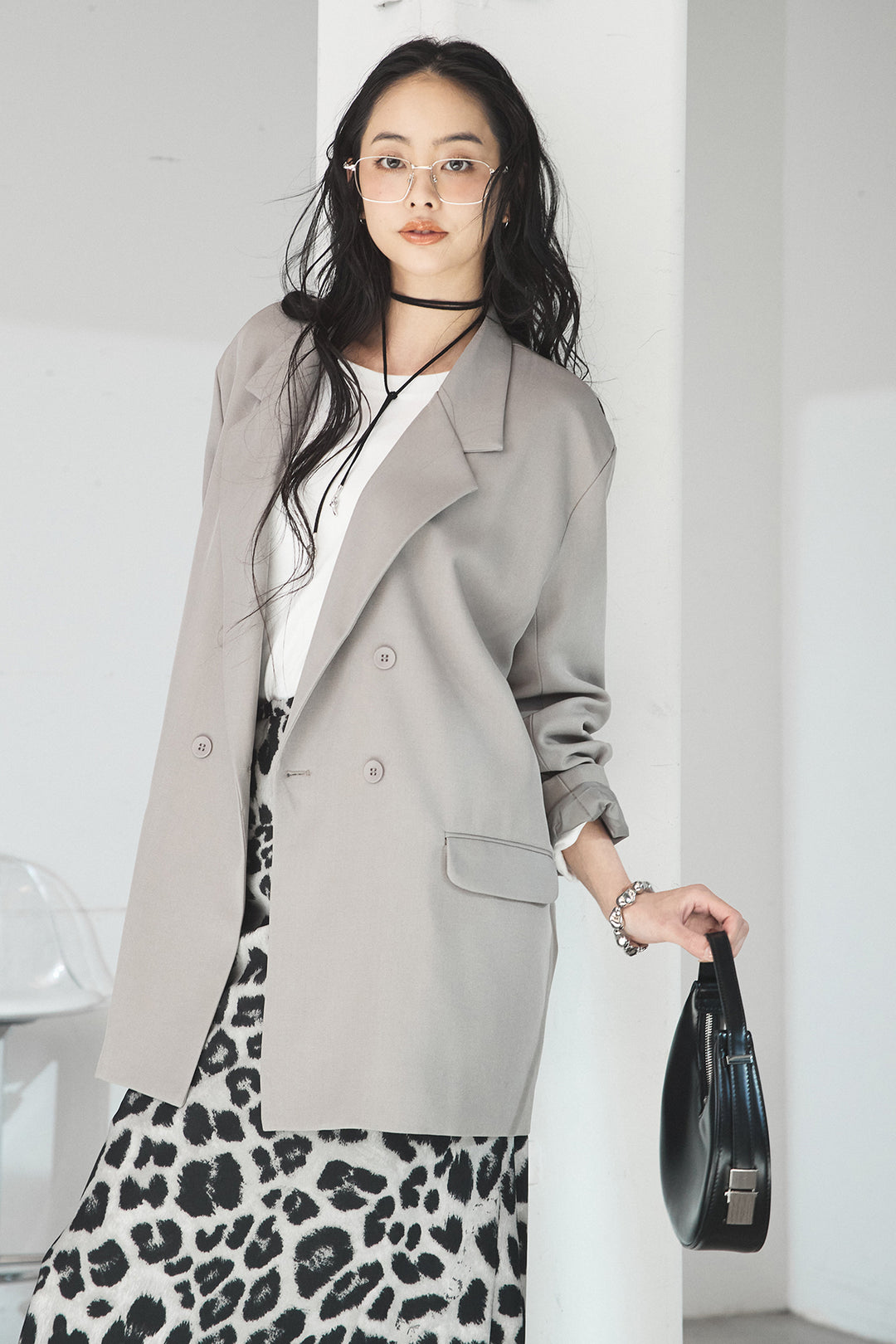 [SET]ルーズシルエットダブルテーラードジャケット+レオパードサテンナロースカート(2set)