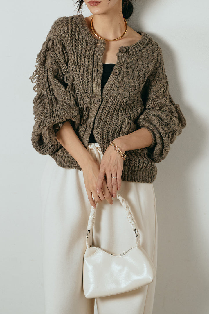 [SET]ランダムフリンジニットカーディガン+裏起毛スウェットワイドパンツ(2set)