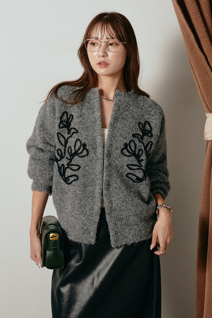 [SET]テープ刺繍ニットカーディガン+紐付きフェイクレザーワイドスカート(2set)