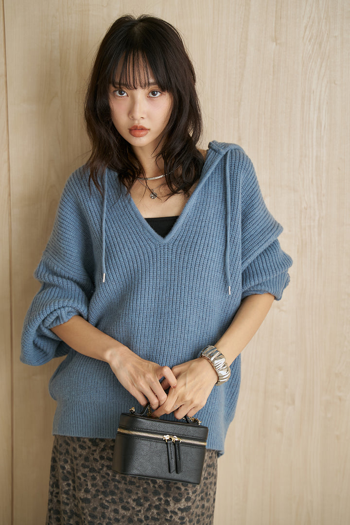 [SET]アルパカタッチフードトップス+カットレオパード柄ロングスカート(2set)