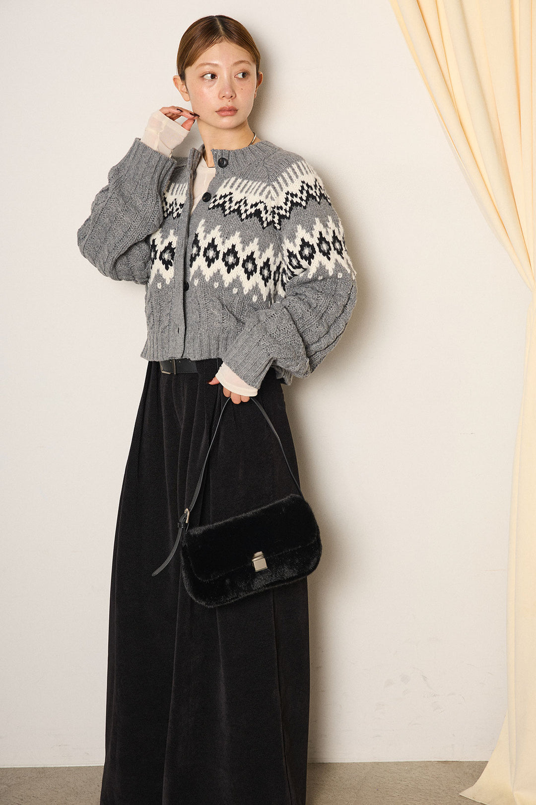 [SET]2WAY求心柄ジャガードショートカーディガン+2WAY袖コード刺繍クルーネックプルオーバー(2set)