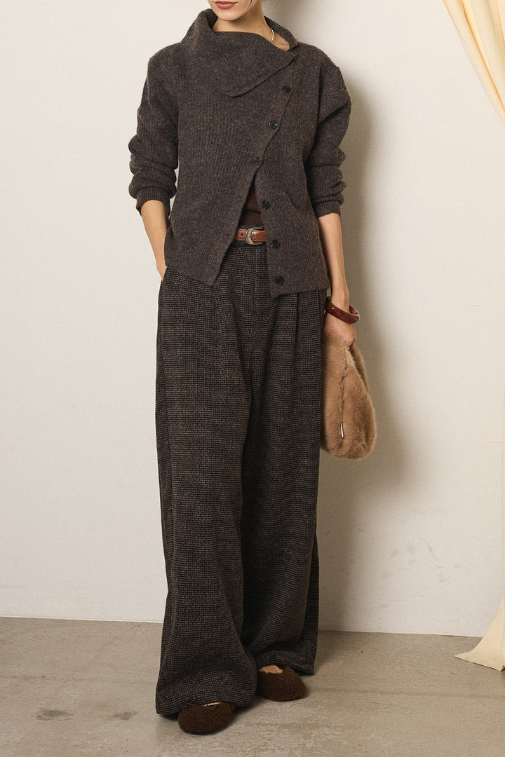 [SET]ボタンデザインネックニットプルオーバー+起毛タック入りツイードワイドパンツ(2set)