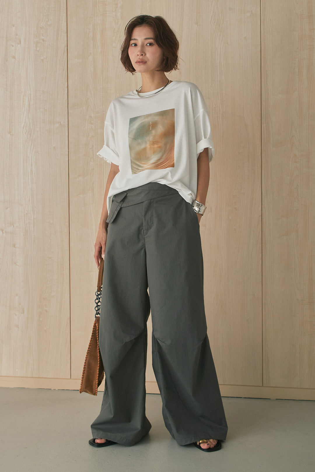 [SET]MarbleプリントTシャツ+ポケットベルト付きニーサイドタックパンツ(2set)