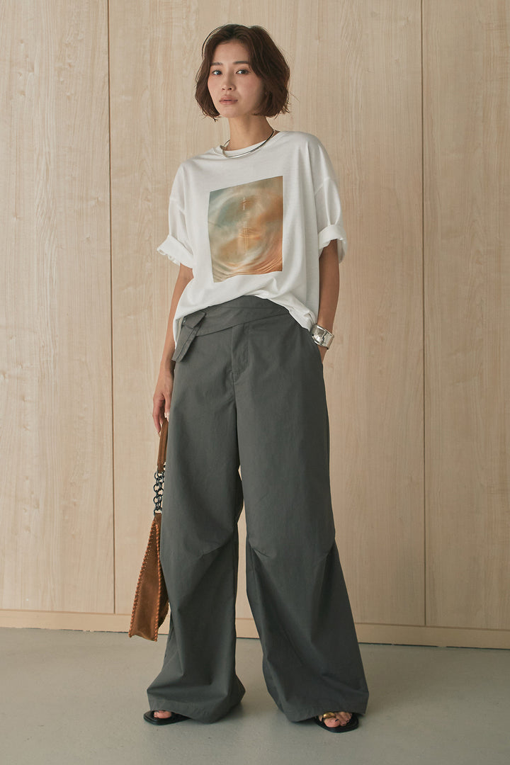 [SET]MarbleプリントTシャツ+ポケットベルト付きニーサイドタックパンツ(2set)