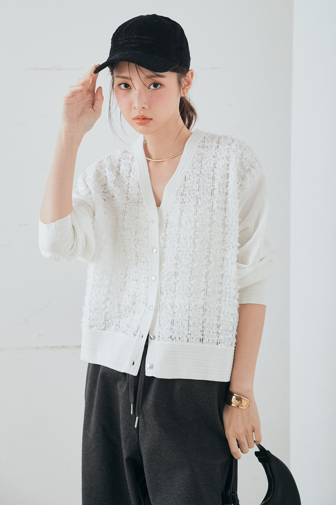 [SET]モコレースVネックカーディガン+カットダンボールウエストフリルカーブパンツ(2set)