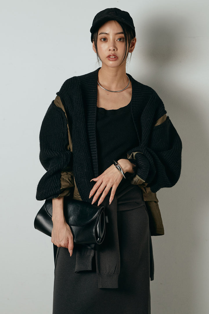 [SET]キルティング切り替えニットカーディガン+ウエストラップ巻きニットスカート(2set)