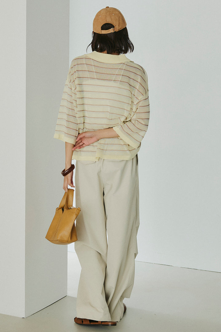 [SET]ボーダーニットポロシャツ+ニーサイドタックウエストドロスパンツ(2set)