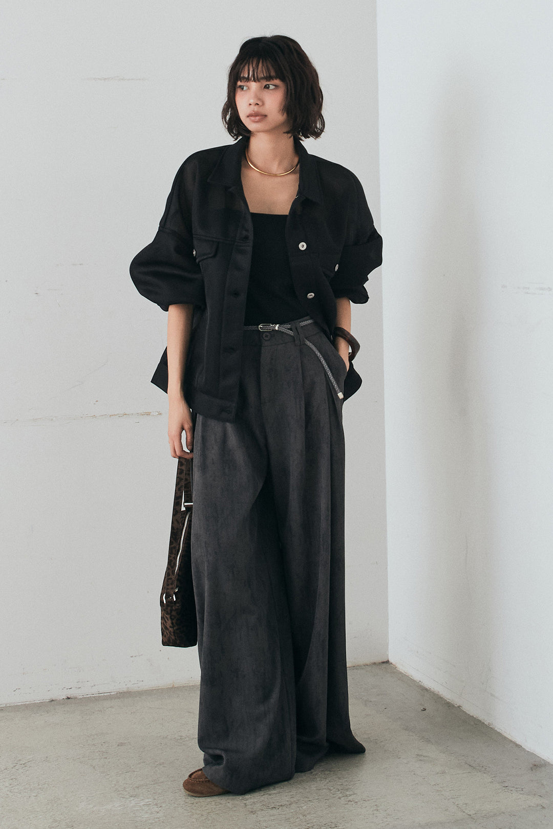 [SET]シアーダンボールサイドドロストジャケット+紐ベルト付きかすれ柄ワイドスラックス(2set)