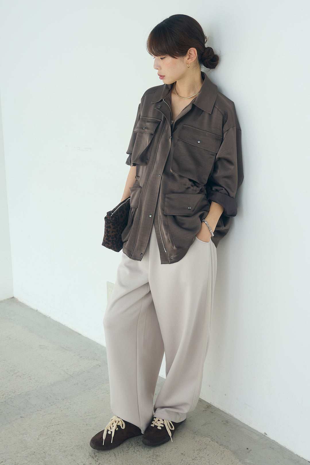 [SET]サテンライトブルゾン+異素材切り替えスウェットパンツ(2set)