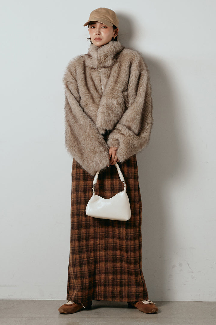 [SET]エコファーショート丈ブルゾン+シャギーチェックストレートスカート(2set)