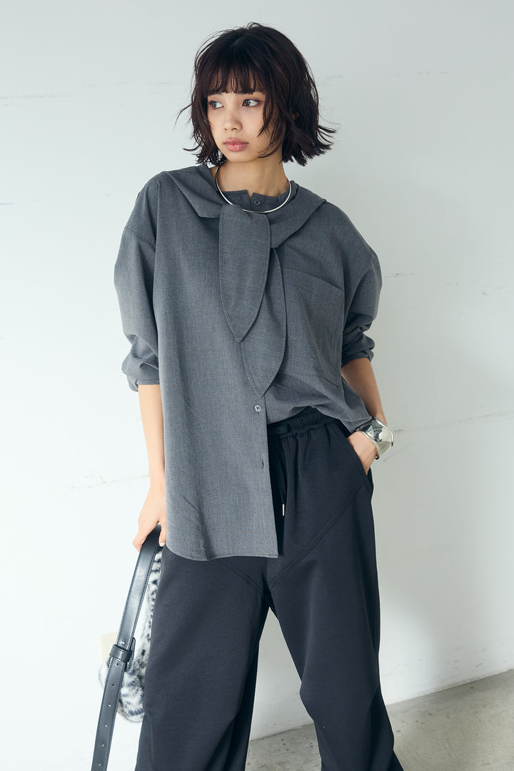 [SET]無地タイ付フーディーBIGシャツ+ランダムタックデザインワイドパンツ(2set)
