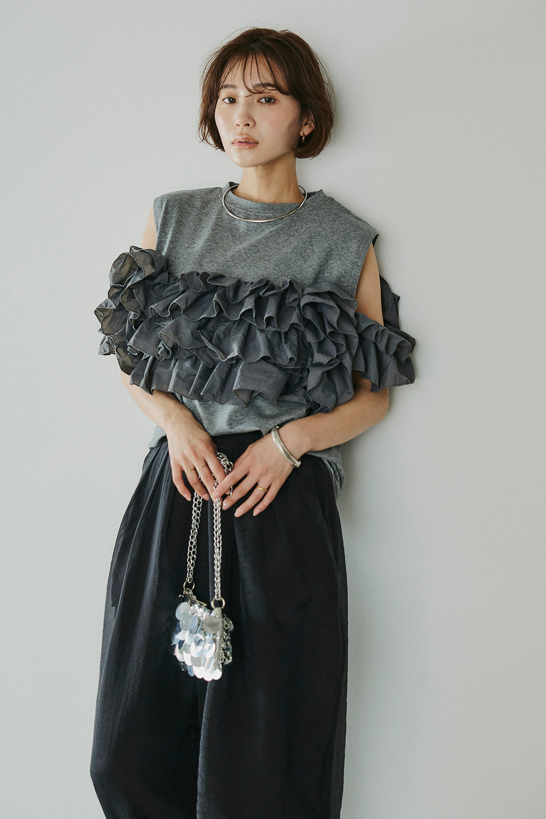 [SET]天竺ナイロンドッキングビスチェ風トップス+オーガンジータックパンツ(2set)