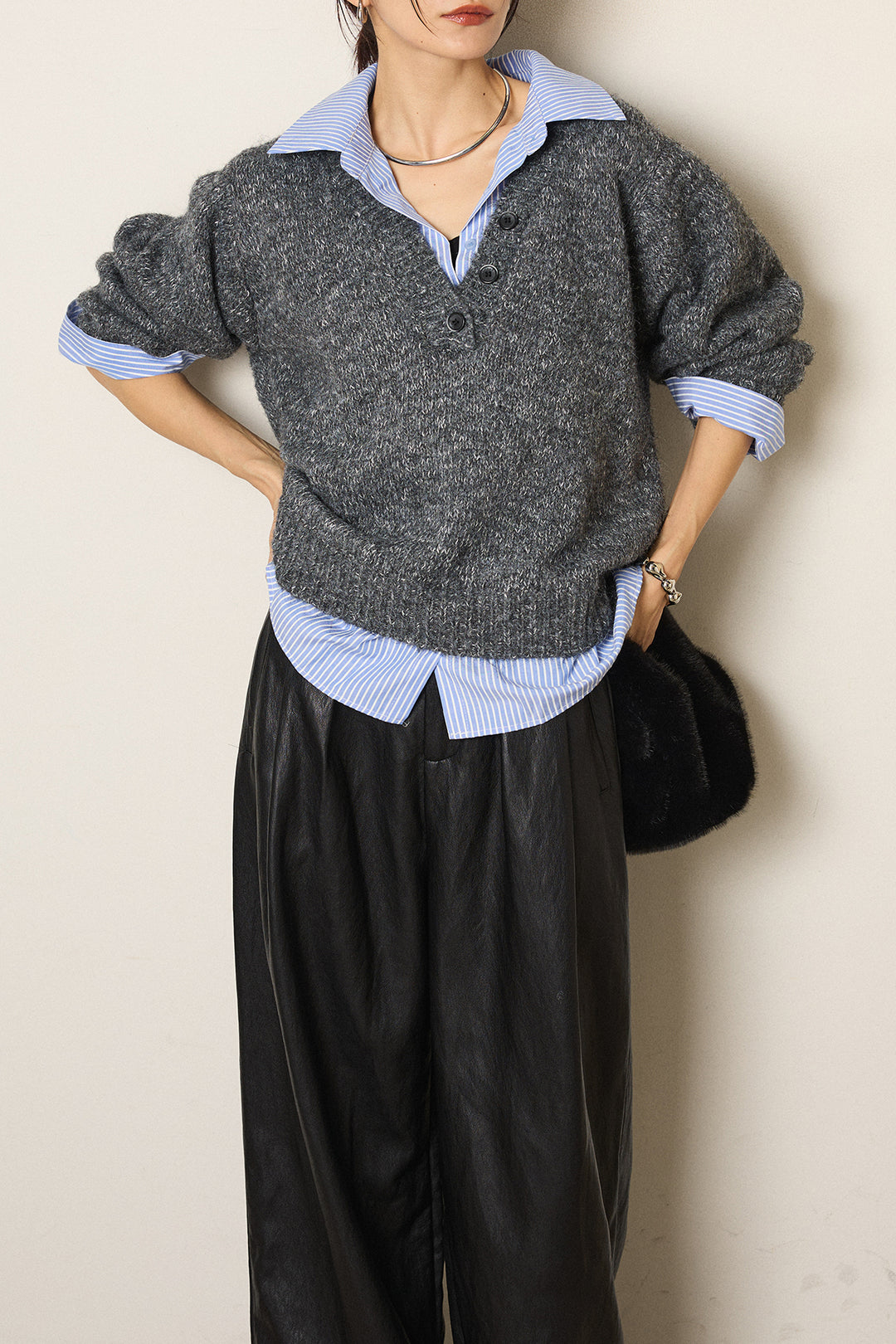 [SET]ストライプシャツドッキングニットポロトップス+ベルト付きレザーライクタックパンツ(2set)